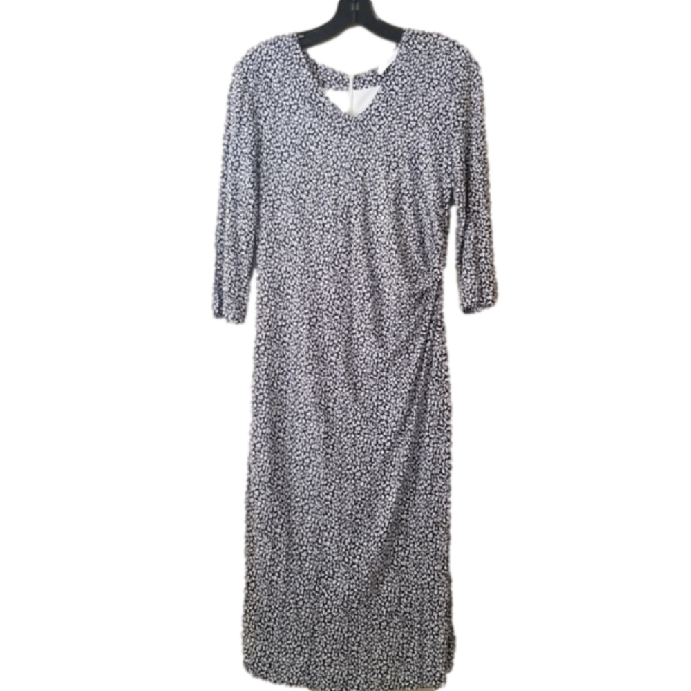 Boss Hugo Boss Black & White Ruched Asymmetrical Waist Long Sleeve Dress Size 8